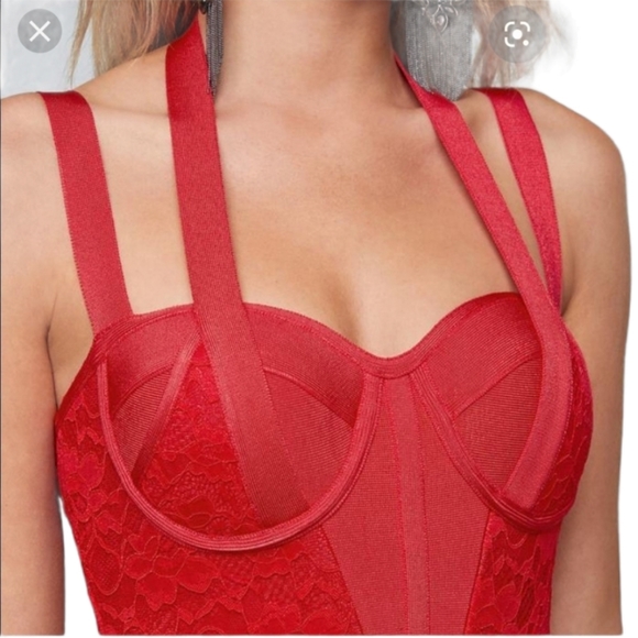 Bebe Red Lace Multi Halter Bustier Dress Bodycon - Picture 4 of 16
